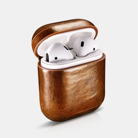 Чехол IcareR для наушников Airpods 1/2 из масляно-восковой кожи, коричневый